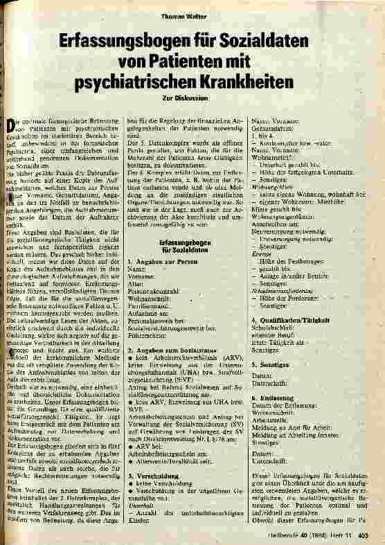 Vorschauseite 1: Erfassungsbogen für Sozialdaten von Patienten mit psychiatrischen Krankheiten