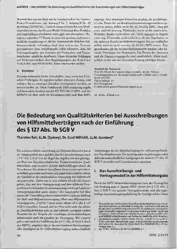 Vorschauseite 1: Die Bedeutung von Qualitätskriterien bei Ausschreibungen von Hilfsmittelverträgen nach der Einführung des §127 Abs. lbSGBV