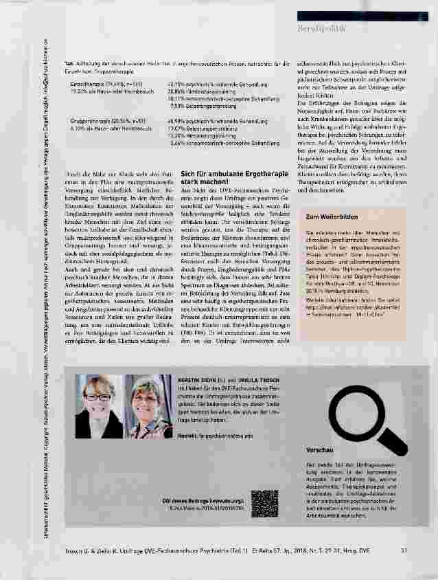 Vorschauseite 5: Ambulante Ergotherapie im Arbeitsfeld Psychiatrie Ergebnisse einer Umfrage des DVE-Fachausschuss Psychiatrie (Teil 1)