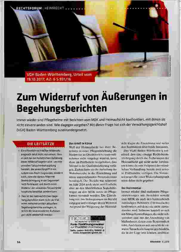 Vorschauseite 1: Zum Widerruf von Äußerungen in Begehungsberichten