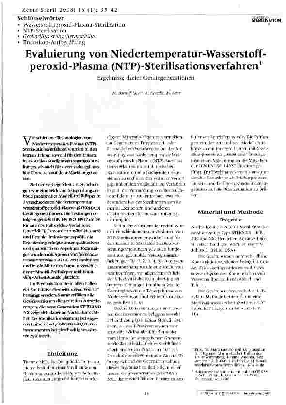 Vorschauseite 1: Evaluierung von Niedertemperatur-Wasserstoffperoxid-Plasma (NTP)-Sterilisations verfahren