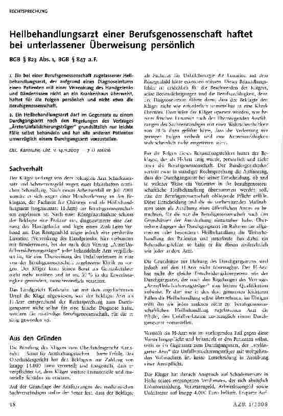 Vorschauseite 1: Heilbehandlungsarzt einer Berufsgenossenschaft haftet bei unterlassener Überweisung persönlich