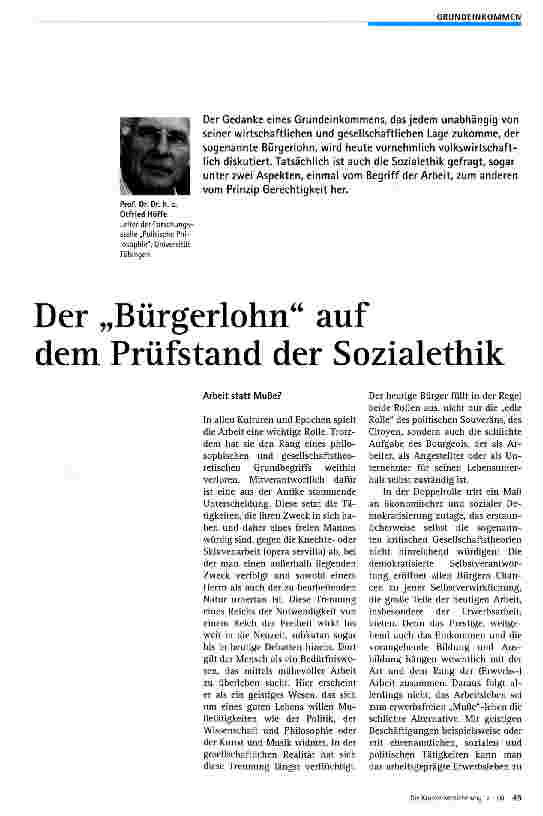 Vorschauseite 1: Der „Bürgerlohn auf dem Prüfstand der Sozialethik