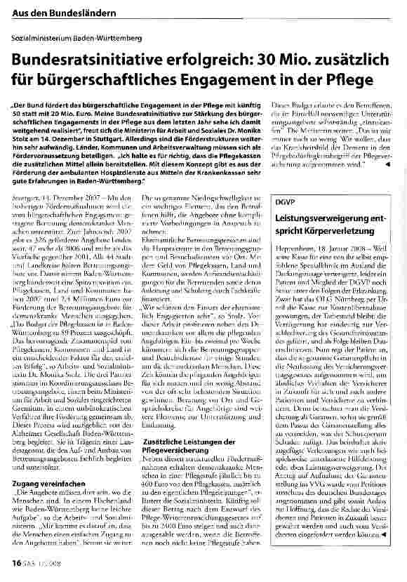Vorschauseite 1: Bundesratsinitiative erfolgreich: 30 Mio. zusätzlich für bürgerschaftliches Engagement in der Pflege