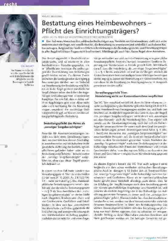 Vorschauseite 1: Bestattung eines Heimbewohners-Pflicht des Einrichtungsträgers?