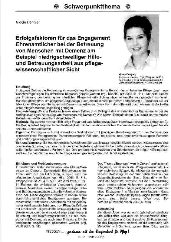 Vorschauseite 1: Erfolgsfaktoren für das Engagement Ehrenamtlicher bei der Betreuung von Menschen mit Demenz am Beispiel niedrigschwelliger Hilfe-und Betreuungsarbeit aus pflegewissenschaftlicher…