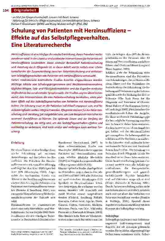 Vorschauseite 1: Schulung von Patienten mit Herzinsuffizienz -Effekte auf das Selbstpflegeverhalten. Eine Literaturrecherche