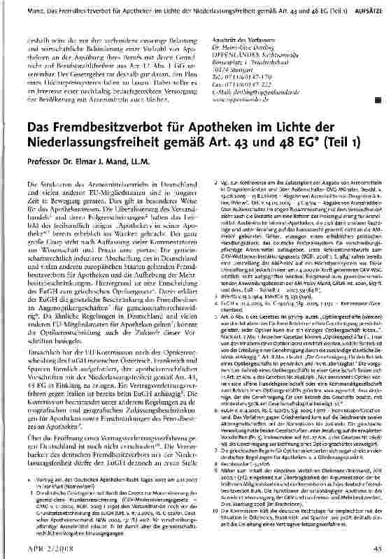 Vorschauseite 1: Das Fremdbesitzverbot für Apotheken im Lichte der Niederlassungsfreiheit gemäß Art. 43 und 48 EG* (Teil 1)