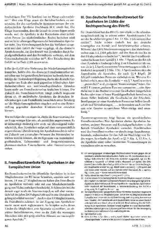 Vorschauseite 2: Das Fremdbesitzverbot für Apotheken im Lichte der Niederlassungsfreiheit gemäß Art. 43 und 48 EG* (Teil 1)