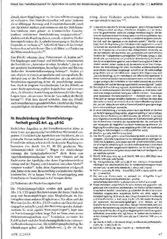 Vorschauseite 3: Das Fremdbesitzverbot für Apotheken im Lichte der Niederlassungsfreiheit gemäß Art. 43 und 48 EG* (Teil 1)