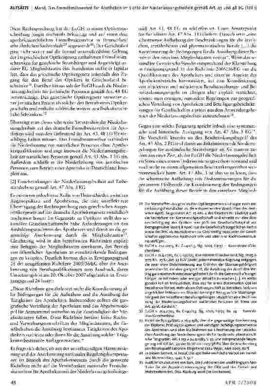 Vorschauseite 4: Das Fremdbesitzverbot für Apotheken im Lichte der Niederlassungsfreiheit gemäß Art. 43 und 48 EG* (Teil 1)