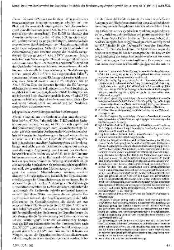 Vorschauseite 5: Das Fremdbesitzverbot für Apotheken im Lichte der Niederlassungsfreiheit gemäß Art. 43 und 48 EG* (Teil 1)