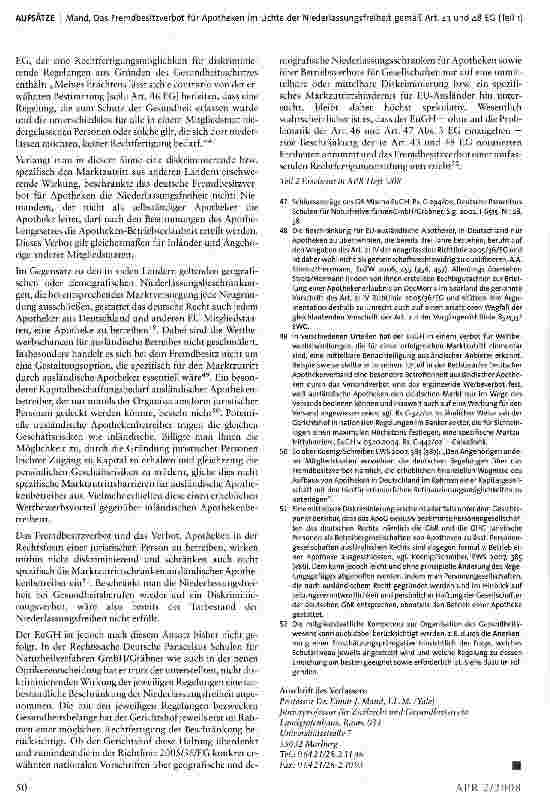 Vorschauseite 6: Das Fremdbesitzverbot für Apotheken im Lichte der Niederlassungsfreiheit gemäß Art. 43 und 48 EG* (Teil 1)