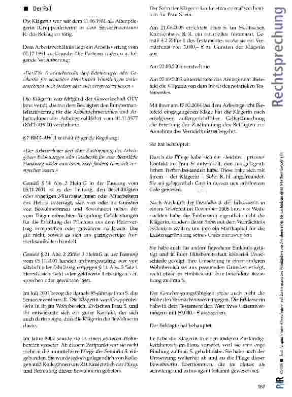 Vorschauseite 2: Zum Anspruch einer Altenpflegerin auf Zustimmung des Arbeitgebers zur Annahme eines Vermächtnisses einer Altenheimbewohnerin