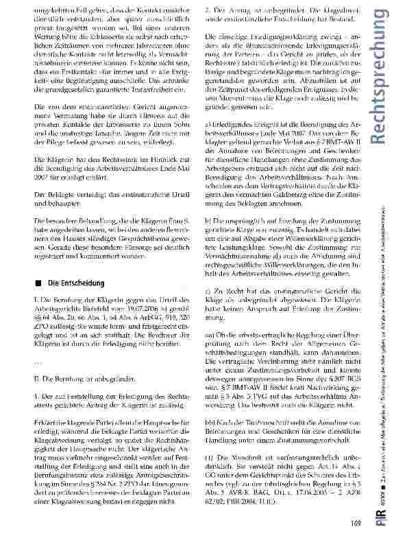 Vorschauseite 4: Zum Anspruch einer Altenpflegerin auf Zustimmung des Arbeitgebers zur Annahme eines Vermächtnisses einer Altenheimbewohnerin