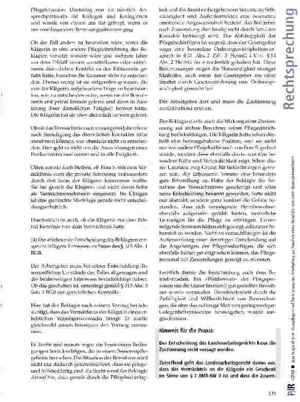 Vorschauseite 6: Zum Anspruch einer Altenpflegerin auf Zustimmung des Arbeitgebers zur Annahme eines Vermächtnisses einer Altenheimbewohnerin
