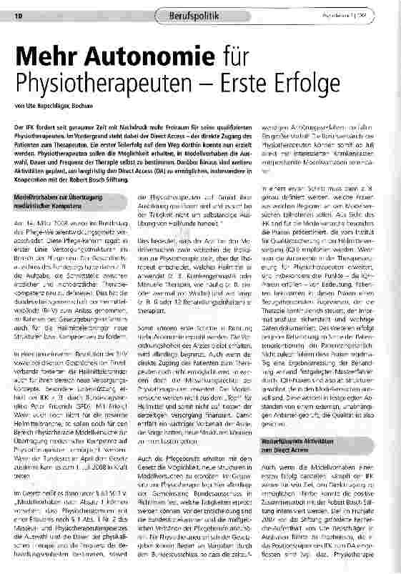 Vorschauseite 1: Mehr Autonomie für Physiotherapeuten - Erste Erfolge