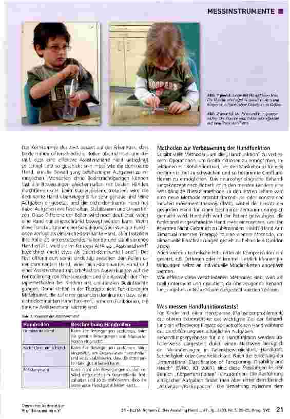 Vorschauseite 2: Tests unter der Lupe: Das Assisting Hand Assessment (AHA) - ein neues Testverfahren, um die Effektivität therapeutischer Interventionen darzustellen