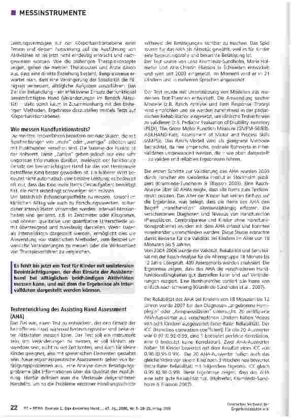 Vorschauseite 3: Tests unter der Lupe: Das Assisting Hand Assessment (AHA) - ein neues Testverfahren, um die Effektivität therapeutischer Interventionen darzustellen