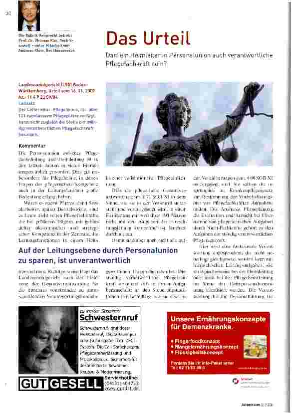 Vorschauseite 1: Das Urteil: Darf ein Heimleiter in Personalunion auch verantwortliche Pflegefachkraft sein?