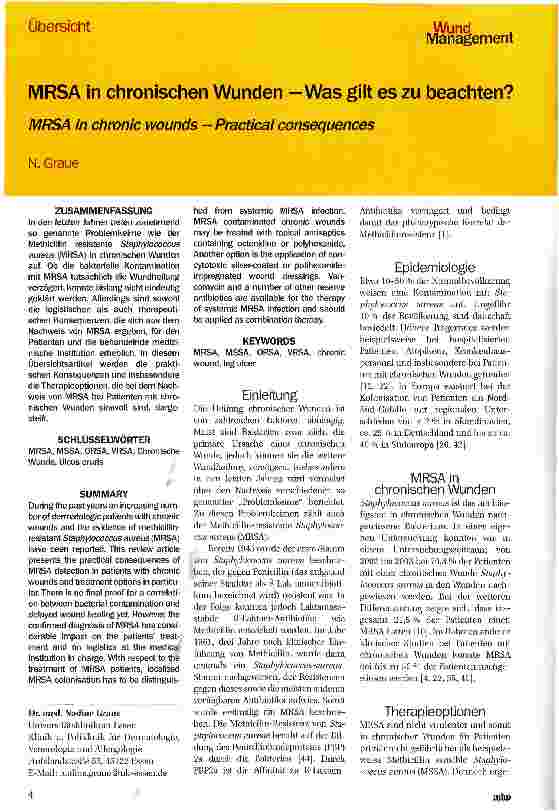 Vorschauseite 1: MRSA in chronischen Wunden -Was gilt es zu beachten? MRSA in chronic wounds -Practical consequences