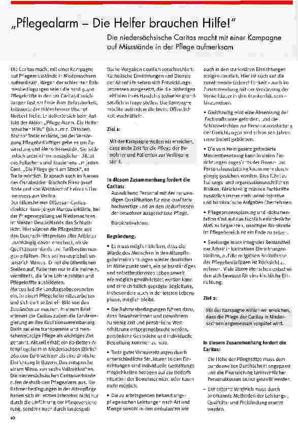 Vorschauseite 1: Pflegealarm - Die Helfer brauchen Hilfe- Die niedersächsische Caritas macht mit einer Kampagne auf Missstäncle in der Pflege aufmerksam