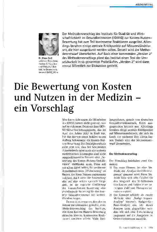 Vorschauseite 1: Die Bewertung von Kosten und Nutzen in der Medizin -ein Vorschlag