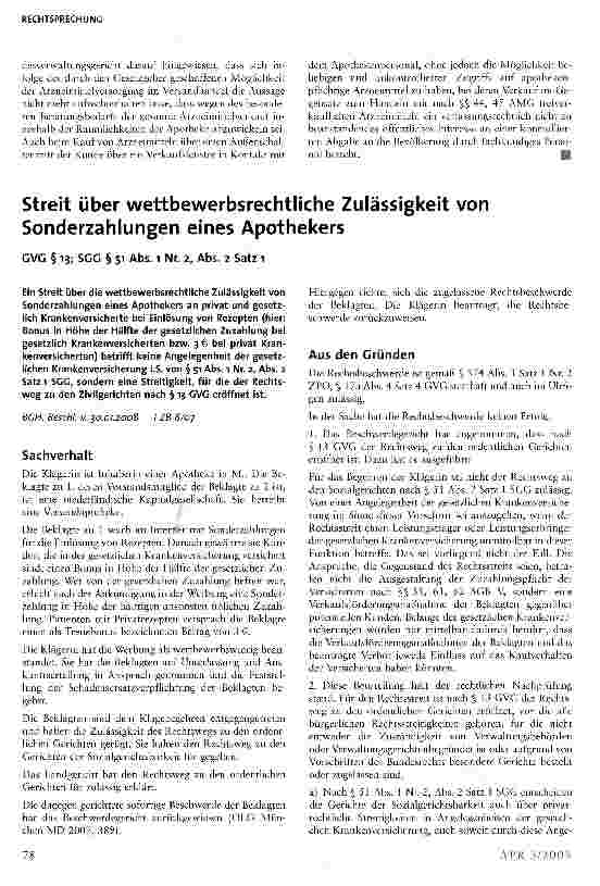 Vorschauseite 1: Streit über wettbewerbsrechtliche Zulässigkeit von Sonderzahlungen eines Apothekers