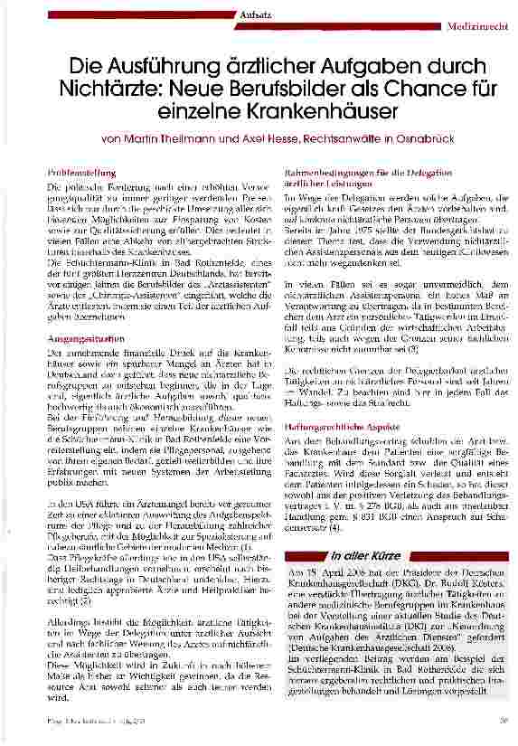 Vorschauseite 1: Die Ausführung ärztlicher Aufgaben durch Nichtärzte: Neue Berufsbilder als Chance füreinzelne Krankenhäuser