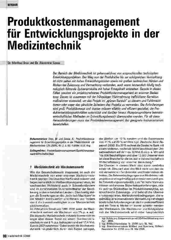 Vorschauseite 1: Produktkostenmanagement für Entwicklungsprojekte in der Medizintechnik