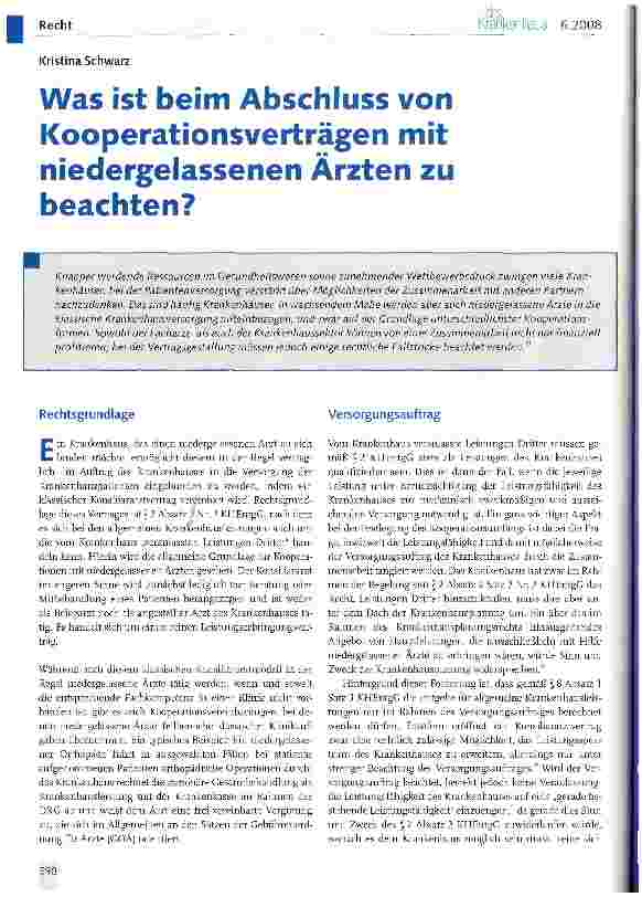 Vorschauseite 1: Was ist beim Abschluss von Kooperationsverträgen mit niedergelassenen Ärzten zu beachten?