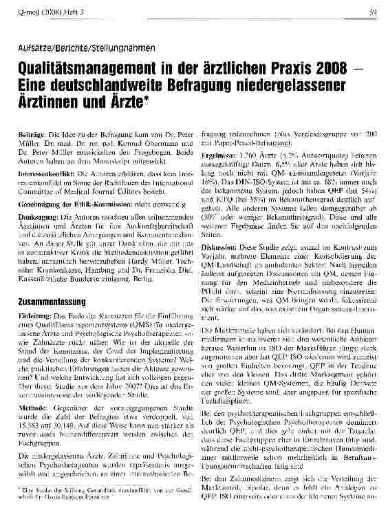 Vorschauseite 1: Qualitätsmanagement in der ärztlichen Praxis 2008 Eine deutsch-landweite Befragung niedergelassener Ärztinnen und Ärzte