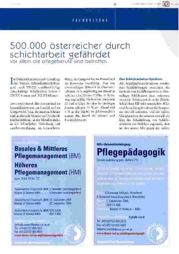Vorschauseite 1: 500.000 Österreicher durch Schichtarbeit gefährdet vor allem die pfleseberufe sind betroffen