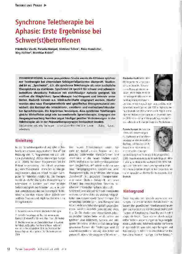 Vorschauseite 1: Synchrone Teletherapie bei Aphasie: Erste Ergebnisse bei Schwer(st)betroffenen