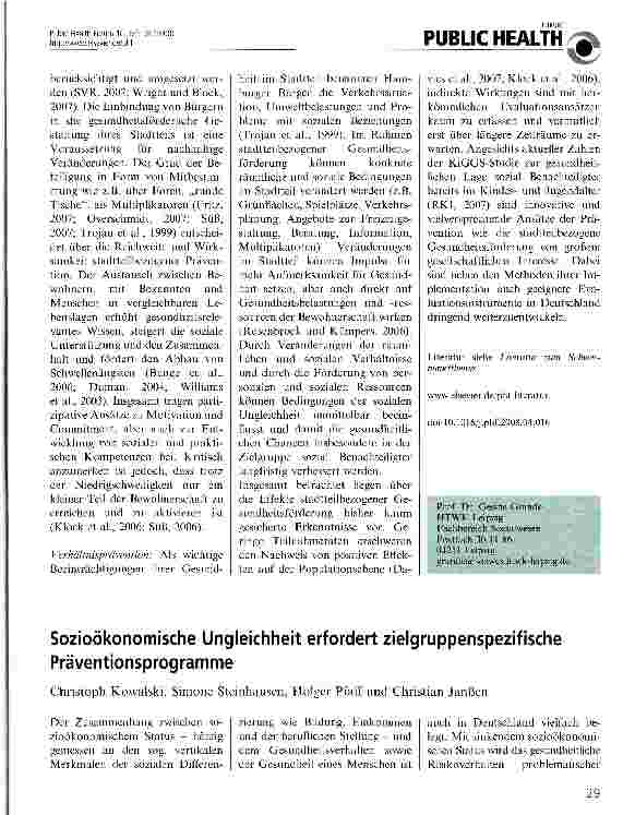 Vorschauseite 1: Sozioökonomische Ungleichheit erfordert zielgruppenspezifische Präventionsprogramme