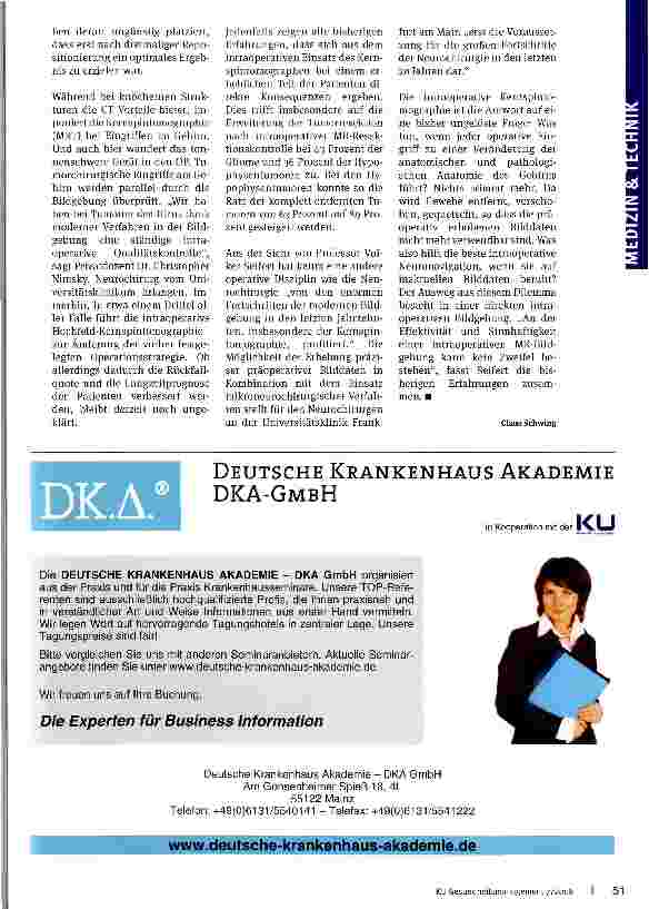 Vorschauseite 2: Zweiteingriffe vermeiden. Intraoperative Bildgebung führt dieNeurochirurgie zu neuen Ufern