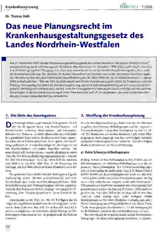 Vorschauseite 1: Das neue Planungsrecht im Krankenhausgestaltungsgesetz des Landes Nordrhein-Westfalen