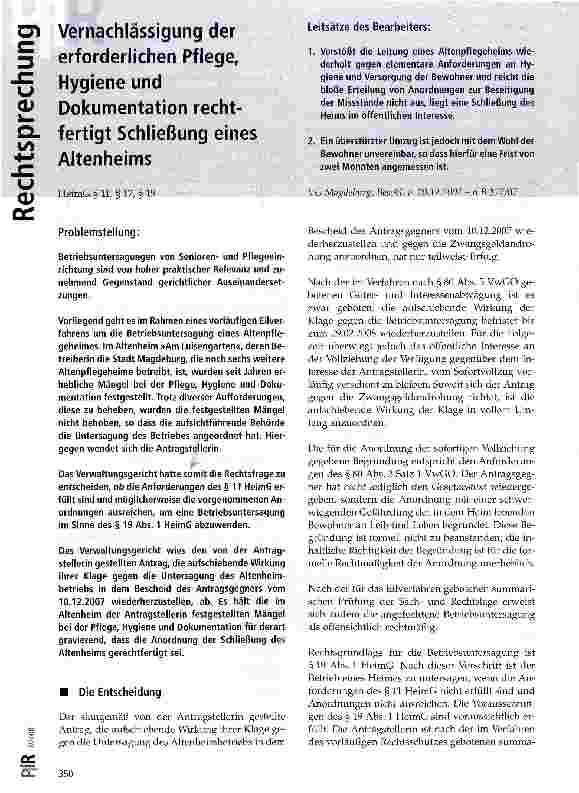 Vorschauseite 1: Vernachlässigung der erforderlichen Pflege, Hygiene und Dokumentation rechtfertigt Schließung eines Altenheims