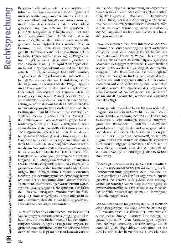 Vorschauseite 3: Vernachlässigung der erforderlichen Pflege, Hygiene und Dokumentation rechtfertigt Schließung eines Altenheims