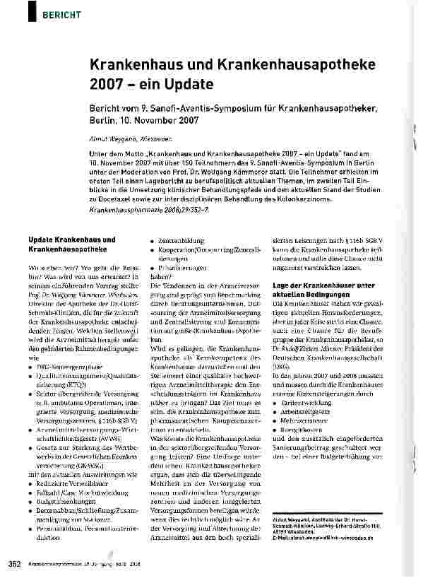 Vorschauseite 1: Krankenhaus und Krankenhausapotheke 2007 - ein Update Bericht vom 9. Sanofi-Aventis-Symposium für Krankenhausapotheker, Berlin, 10. November 2007