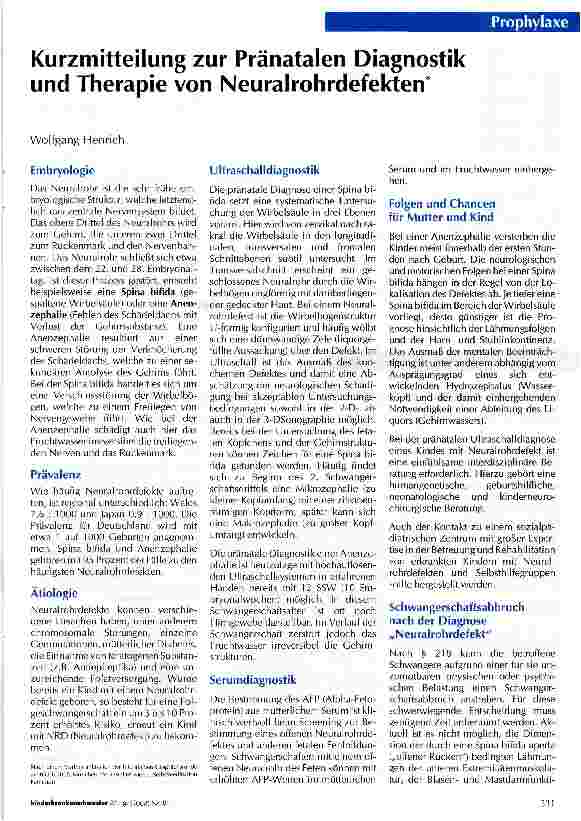 Vorschauseite 1: Kurzmitteilung zur Pränatalen Diagnostik und Therapie von Neuralrohrdefekten