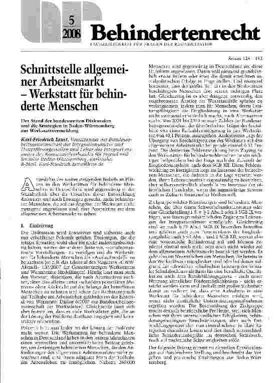 Vorschauseite 1: Schnittstelle allgemeiner Arbeitsmarkt - Werkstatt für behinderte Menschen Der Stand der bundesweiten Diskussion und die Strategien in Baden-Württemberg zur Werkstattvermeidung