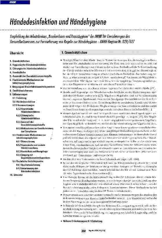 Vorschauseite 1: Händedesinfektion und HändehygieneEmpfehlung des Arbeitskreises „Krankenhausund Praxishygiene derAWMF für Einrichtungen des Gesundheitswesens zur Formulierung von Regeln zur Hände…