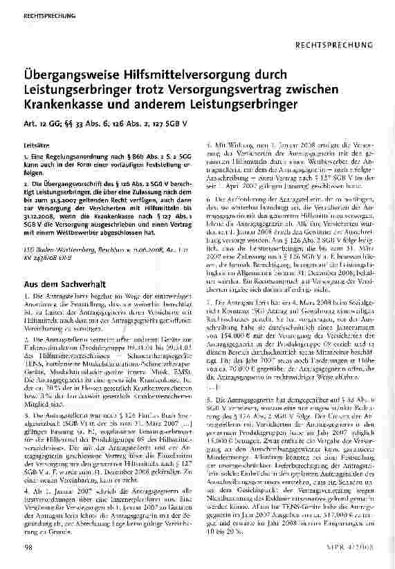 Vorschauseite 1: Übergangsweise Hilfsmittelversorgung durch Leistungserbringer trotz Versorgungsvertrag zwischen Krankenkasse und anderem Leistungserbringer