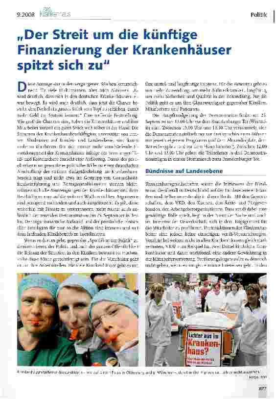 Vorschauseite 1: Der Streit um die künftige Finanzierung der Krankenhäuser spitzt sich zu.