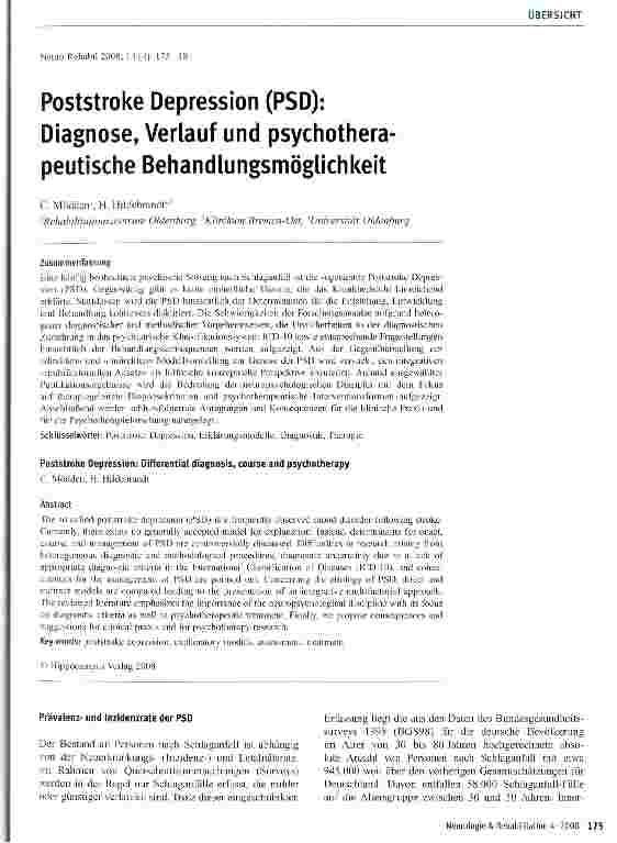 Vorschauseite 1: Poststroke Depression (PSD): Diagnose, Verlauf und psychotherapeutische Behandlungsmöglichkeit