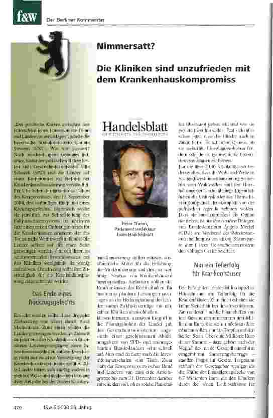 Vorschauseite 1: Nimmersatt?Die Kliniken sind unzufrieden mit dem Krankenhauskompromiss