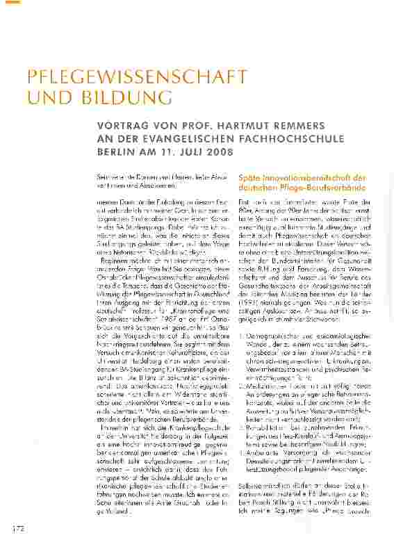 Vorschauseite 1: PFLEGEWISSENSCHAFT UND BILDUNGVORTRAG VON PROF. HARTMUT REMMERS AN DER EVANGELISCHEN FACHHOCHSCHULE BERLIN AM 11. JULI 2008
