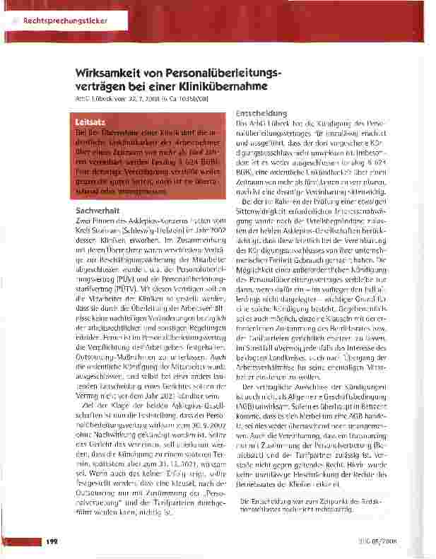 Vorschauseite 1: Wirksamkeit von Personalüberleitungsverträgen bei einer Klinikübernahme