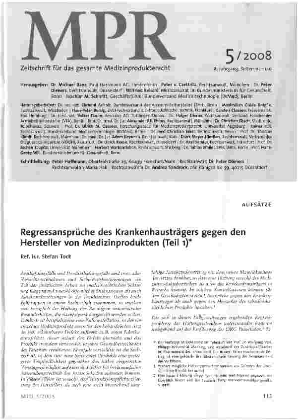 Vorschauseite 1: Regressansprüche des Krankenhausträgers gegen den Hersteller von Medizinprodukten (Teil I)